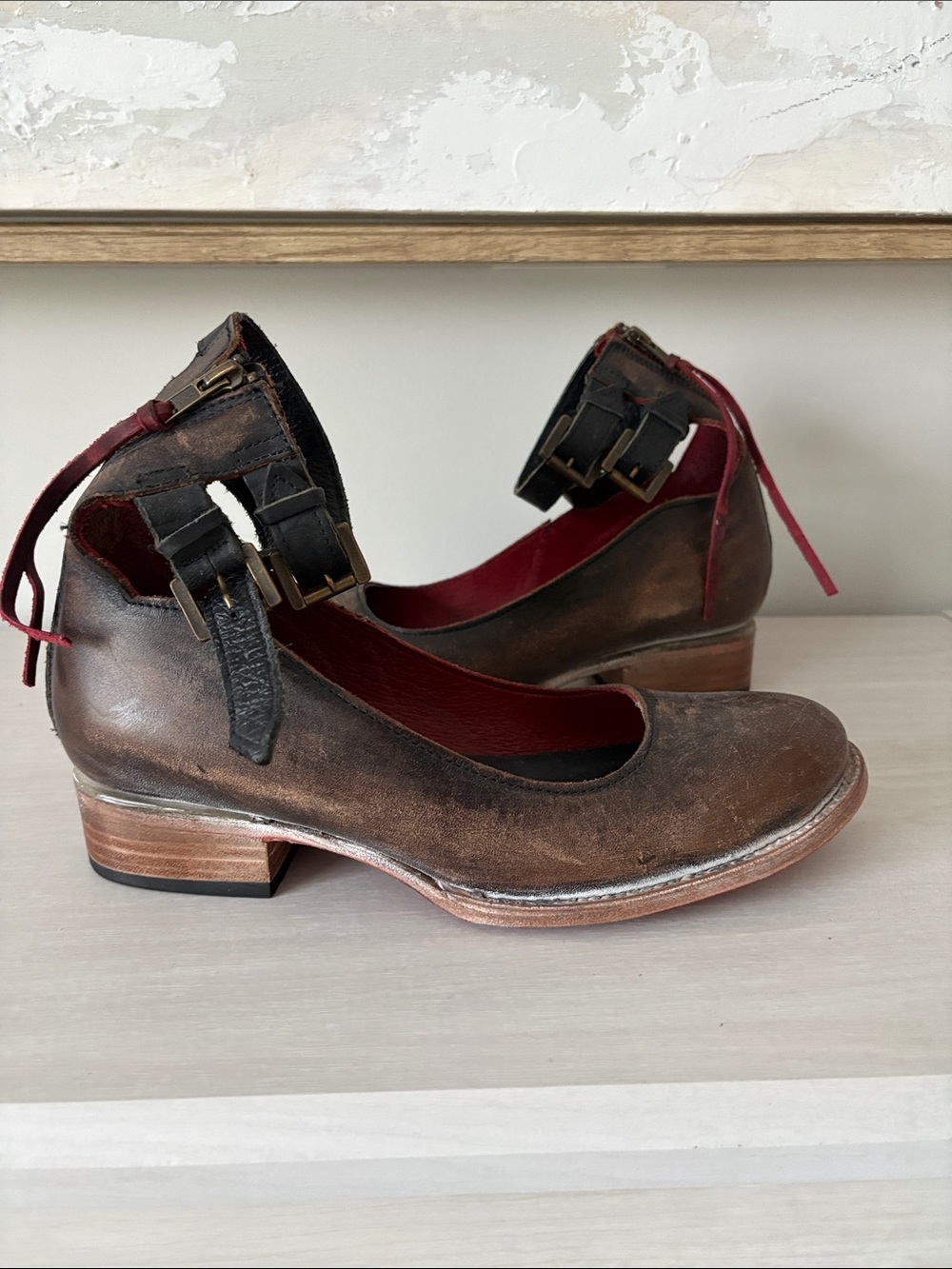 Freebird by Steven Brown Leather Ankle-Strap Heels with Red Lining